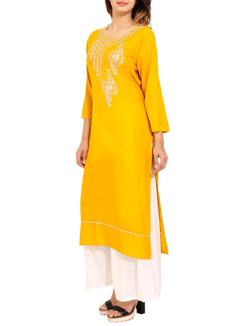 yellow rayon straight kurta - 14647308 - Standard Image - 1