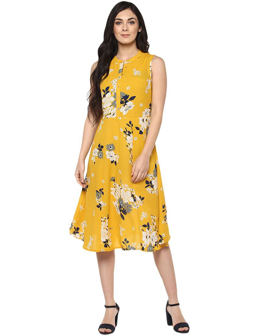 mandarin neck floral a-line dress