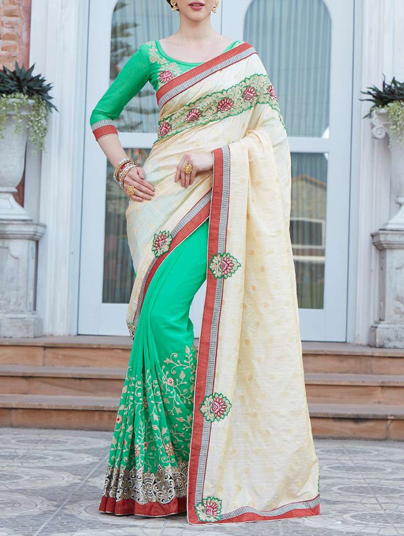 green georgette embroidered saree with blouse