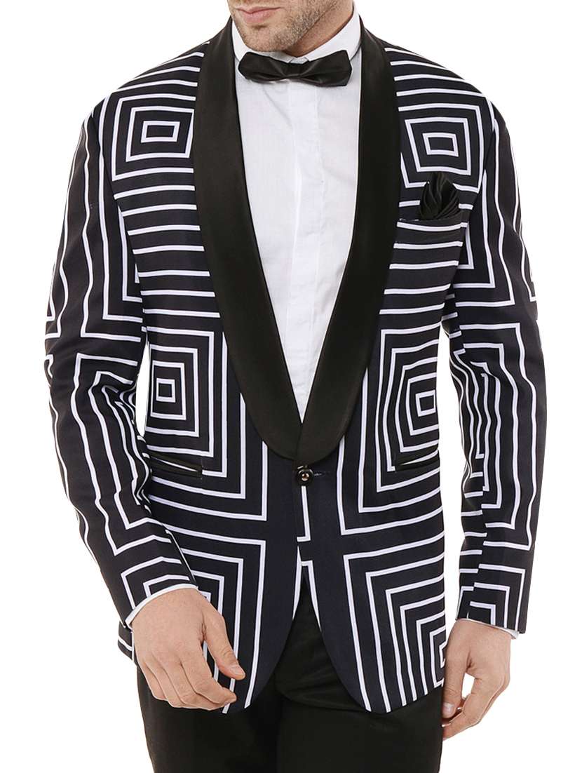 black printed silk tuxedo blazer