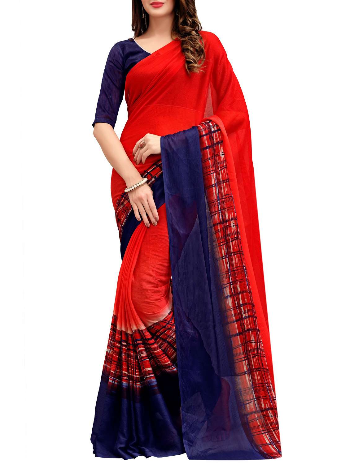 red georgette printed saree with blouse