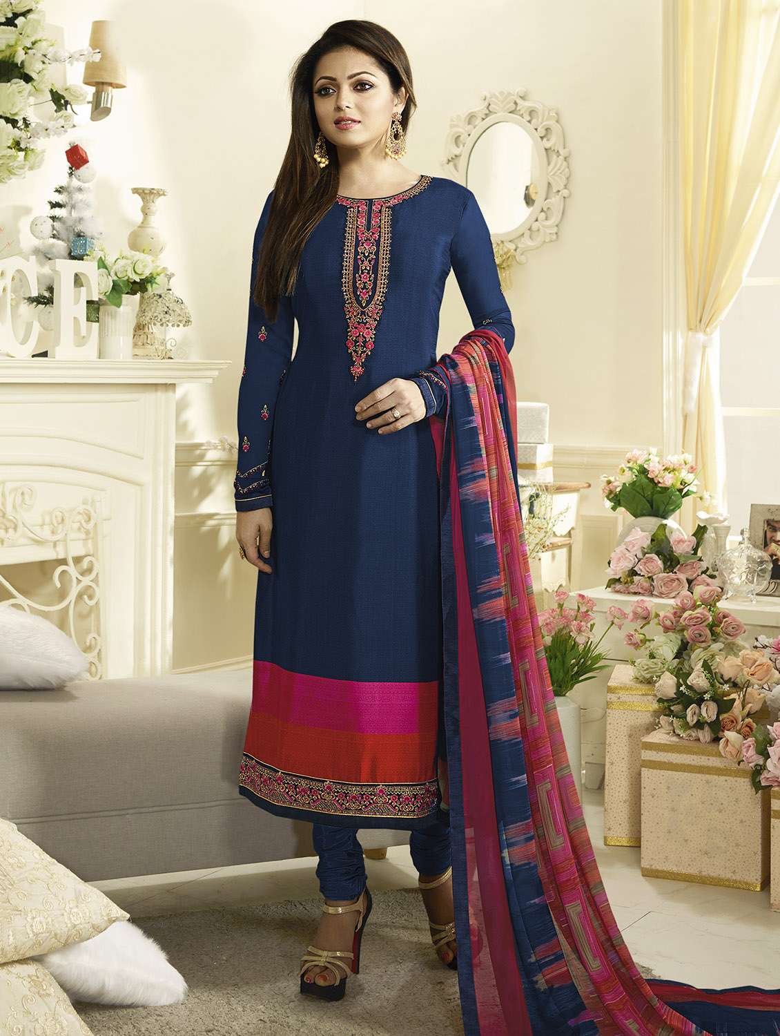 embroidered semi-stitched churidaar suit