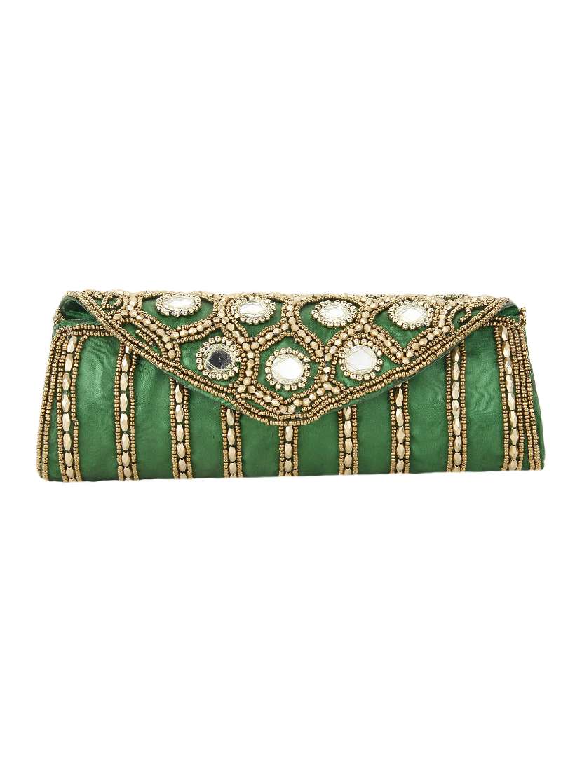 green satin fold over clutch