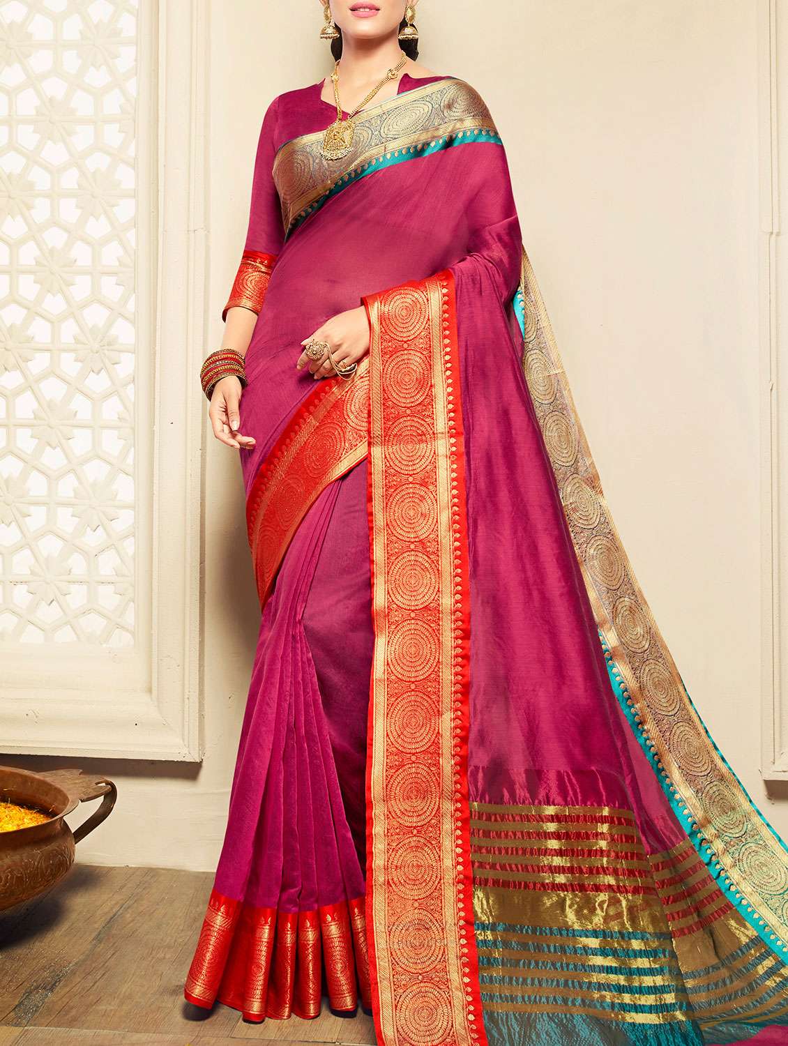 pink cotton blend woven saree with blouse