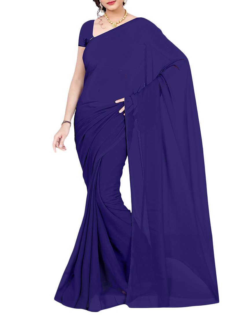 women's solid navy blue colored saree with blouse