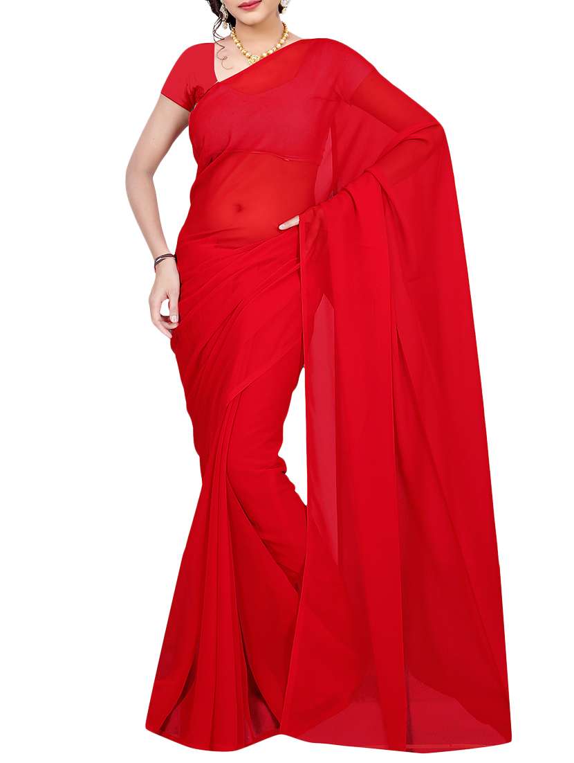 women's solid red colored saree with blouse