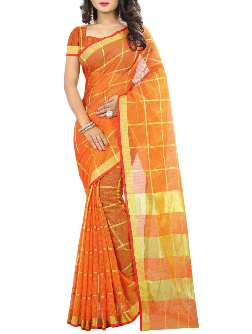orange cotton silk woven saree with blouse