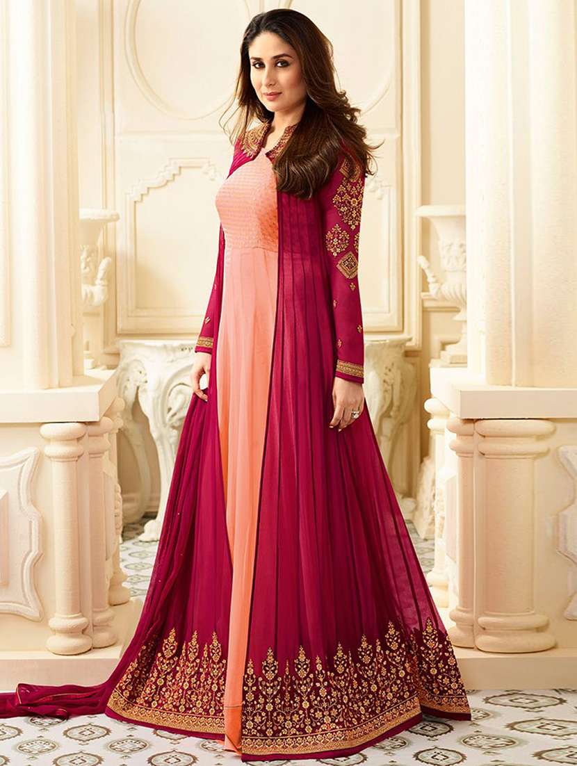 pink georgette anarkali semi-stitched suit
