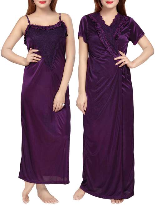 purple lace detail solid sleepwear robe set - 14721552 -  Standard Image - 0