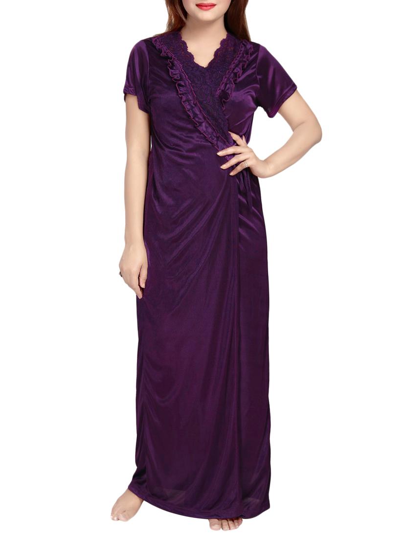 purple lace detail solid sleepwear robe set - 14721552 - Standard Image - 1