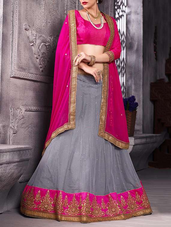 grey net flared lehenga