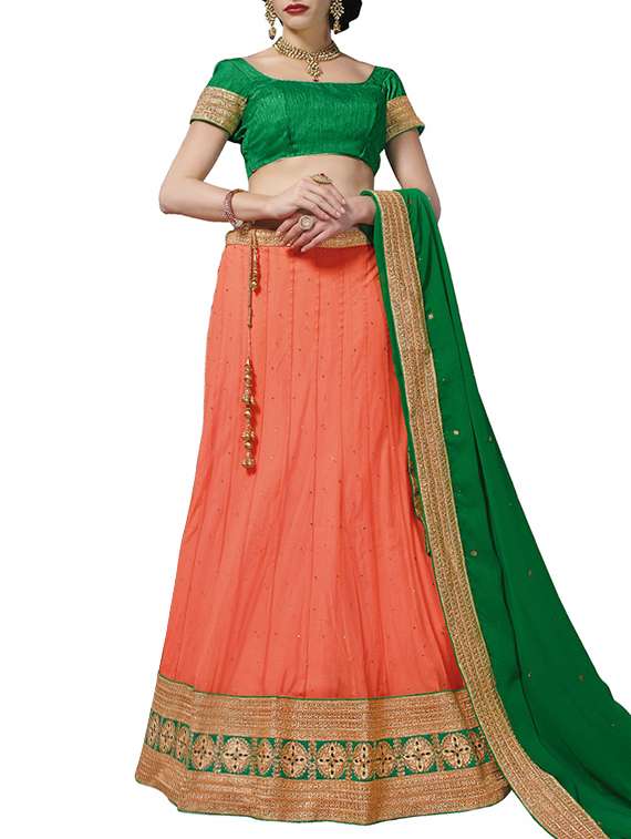 orange net flared lehenga