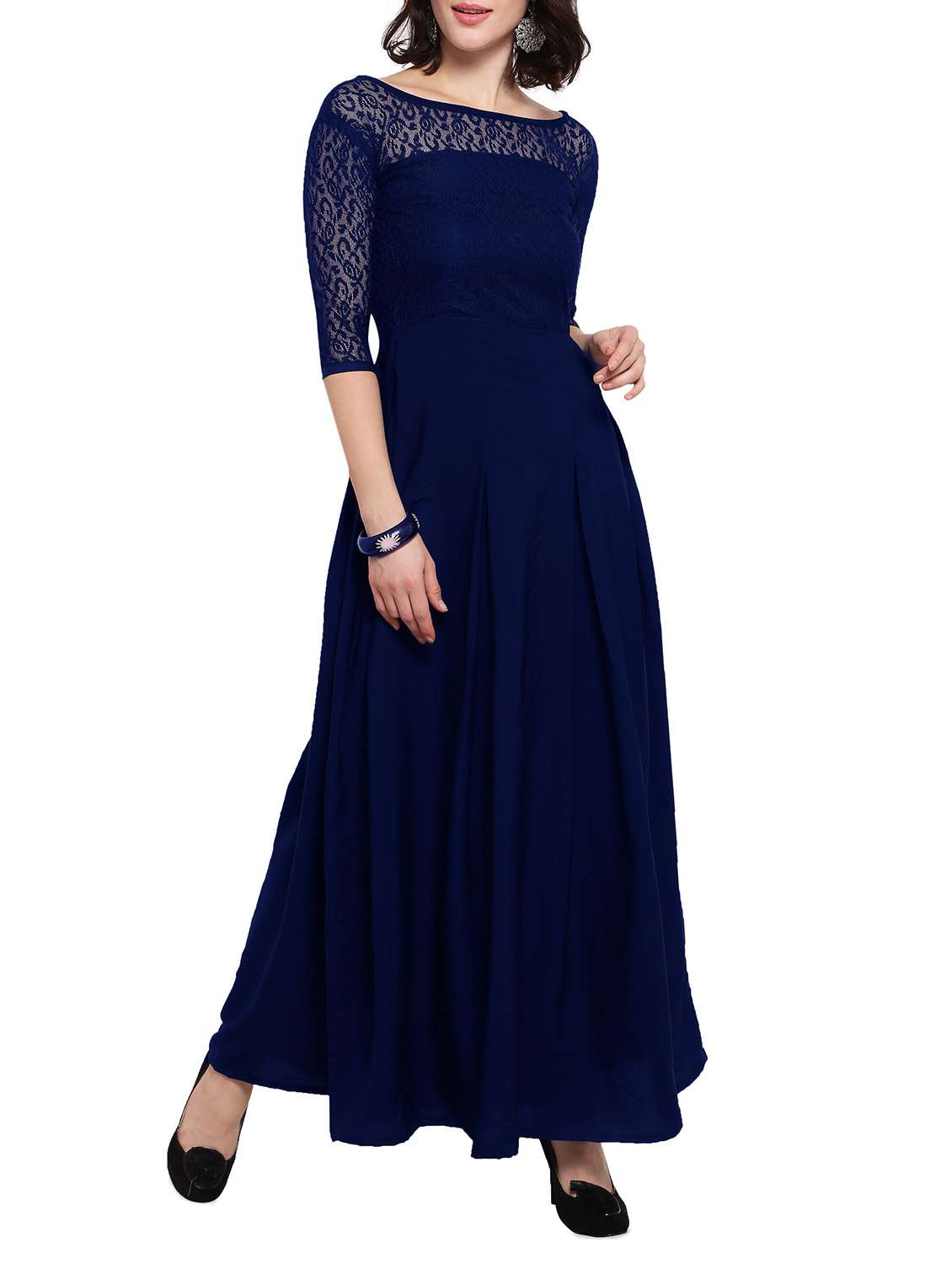 floral lace panel pleated maxi dress