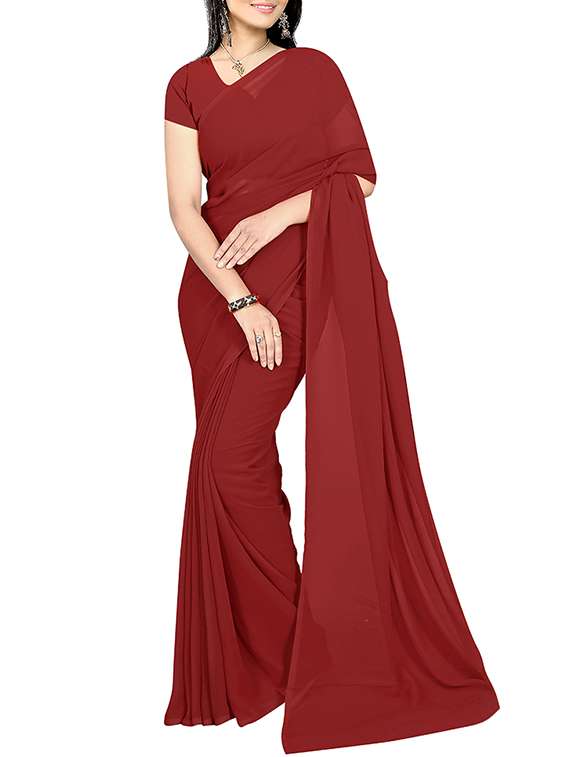 women's solid maroon colored saree with blouse