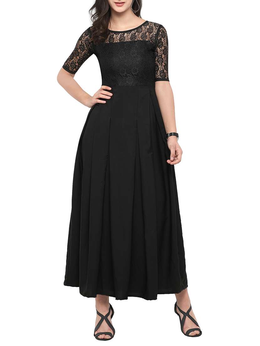 floral lace panel pleated maxi dress