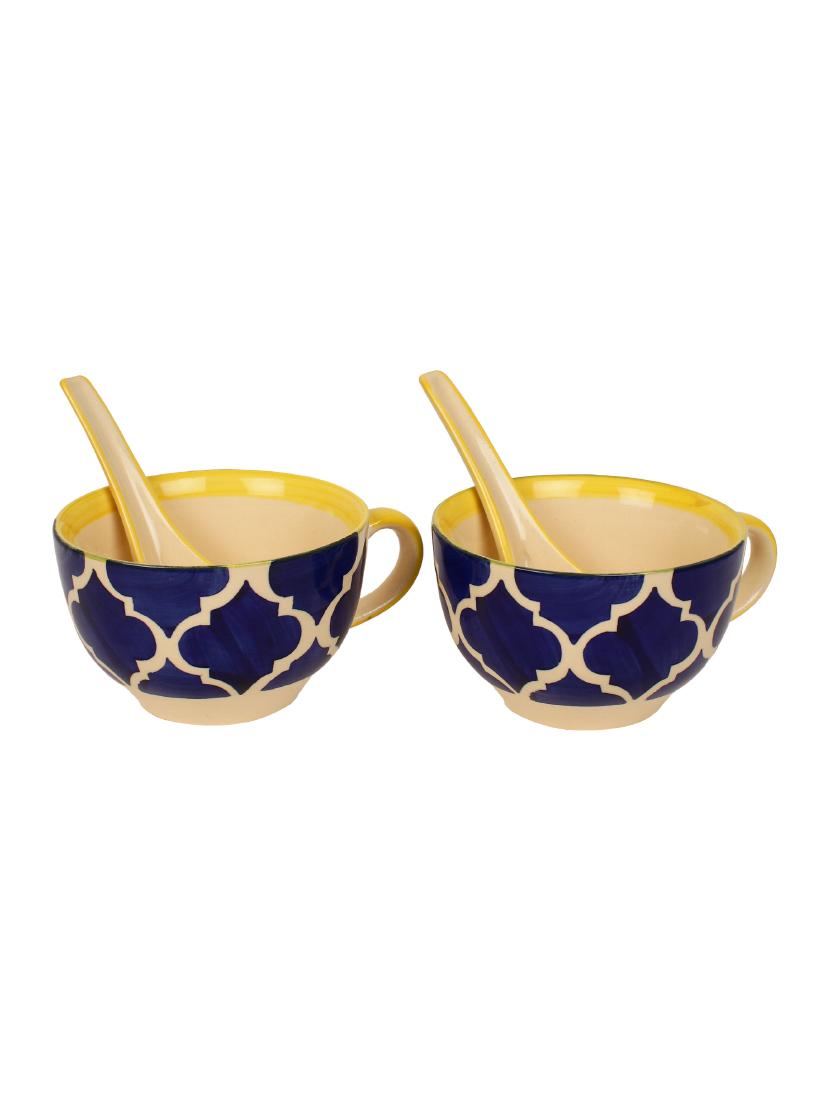 handpainted blue n yellow soup bowls with spoons - set of 2