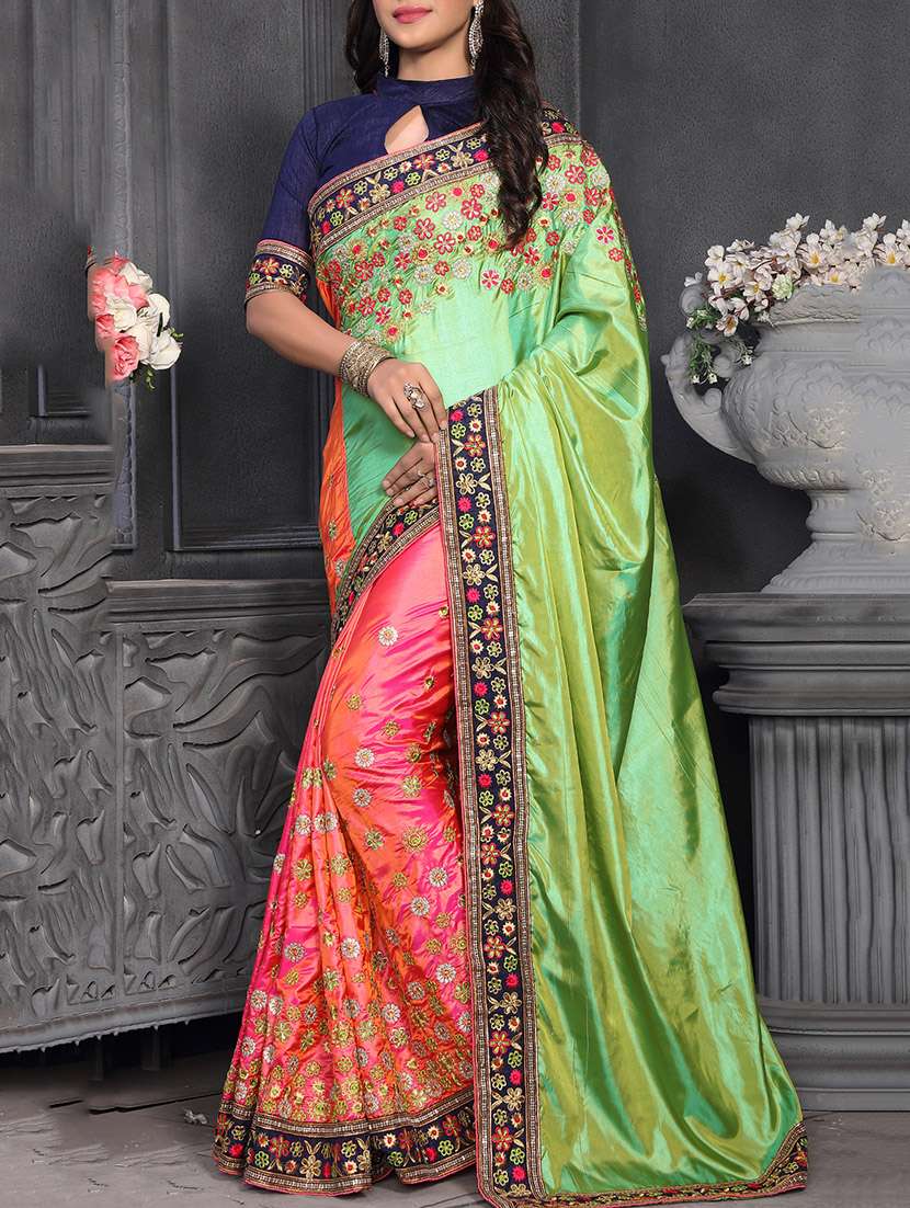 green and pink half & half saree with blouse