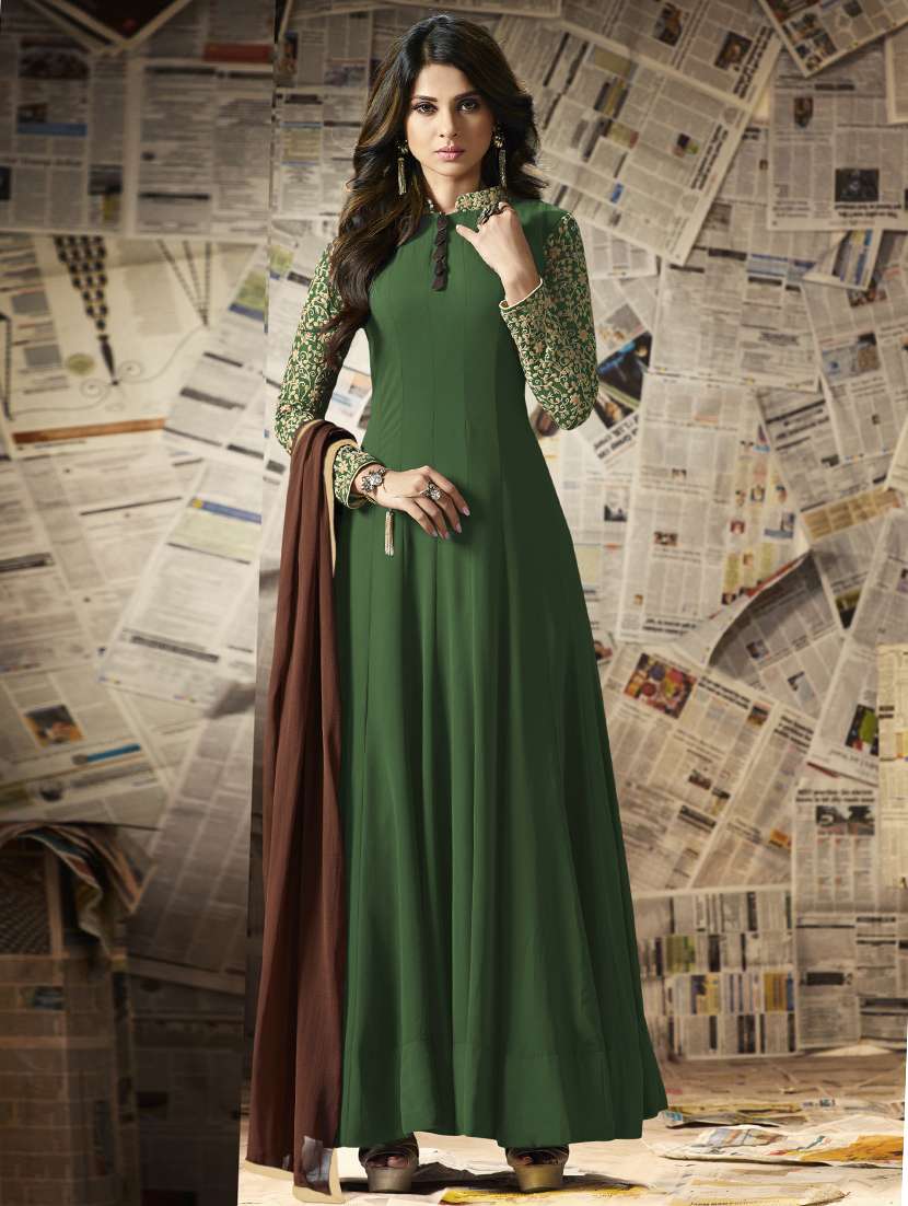 green anarkali faux georgette semi-stitched suit