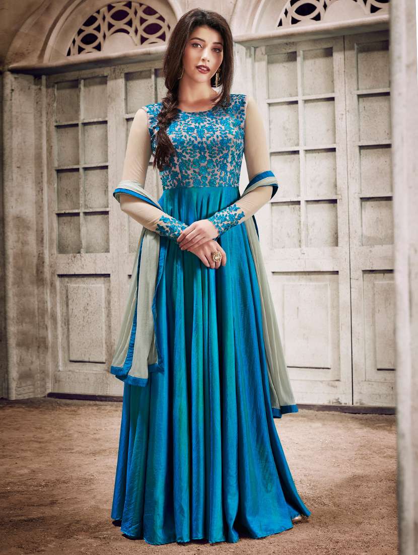 blue silk flared semi-stitched suit