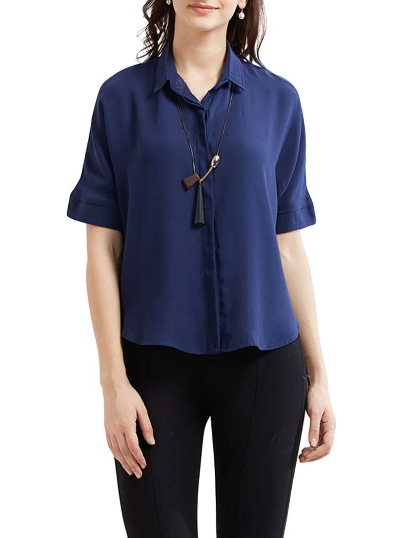 navy blue solid asymmetric shirt