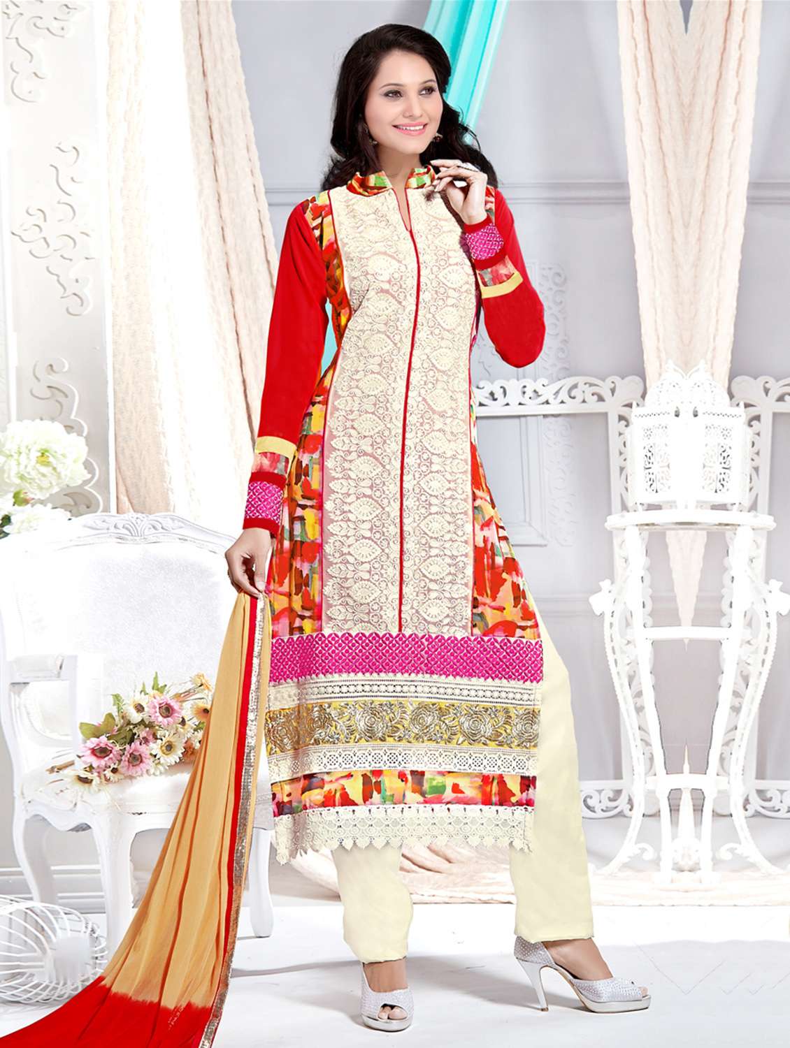 red georgette unstitched straight pantsuits