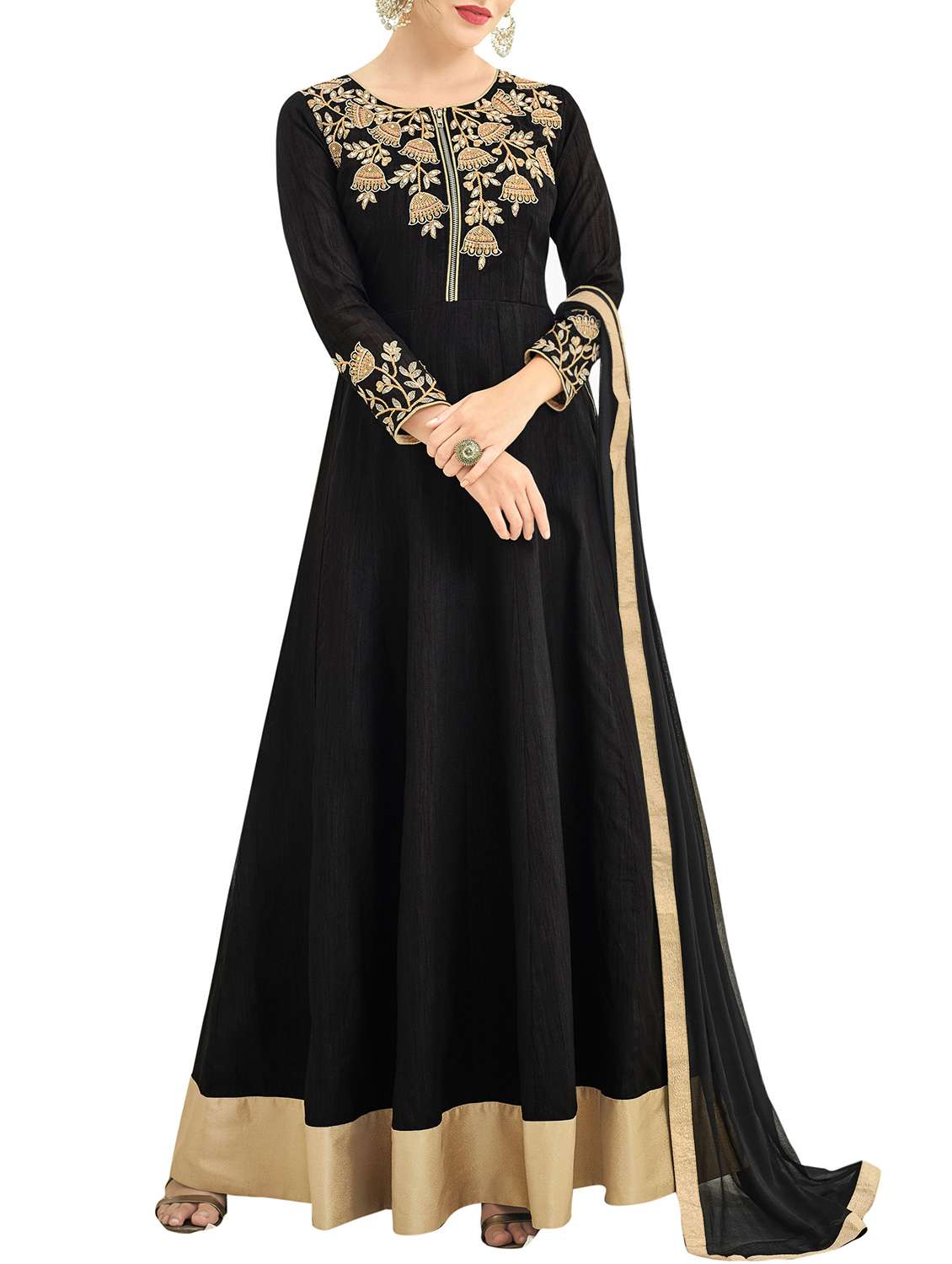 black embroidered semi-stitched suit