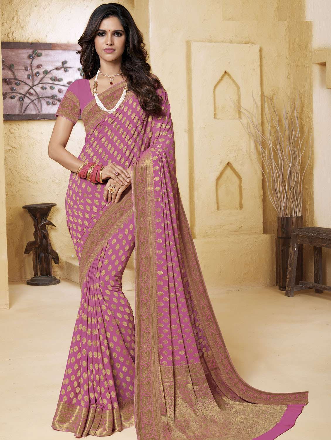 pink chiffon banarasi saree with blouse