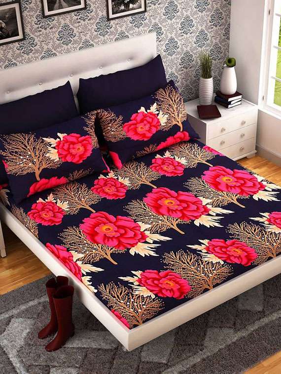 polycotton printed double bedsheet with 2 pillow covers