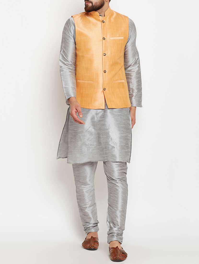 grey and peach dupion  ethnic wear set