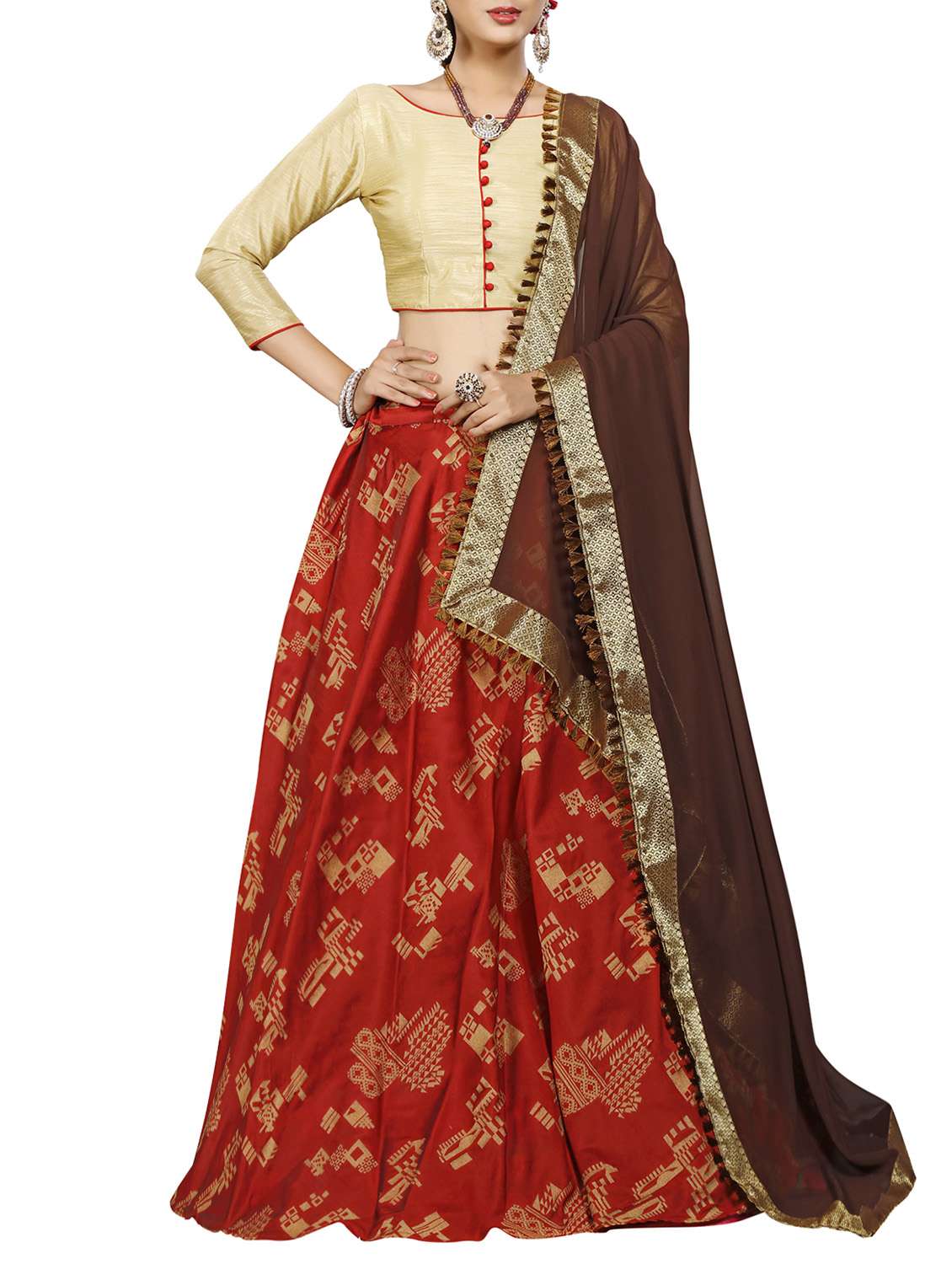 maroon art silk flared lehenga