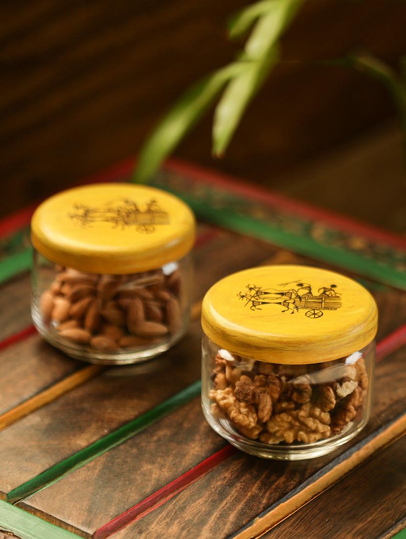 exclusivelane hand-painted snacks jar set in glass & wood