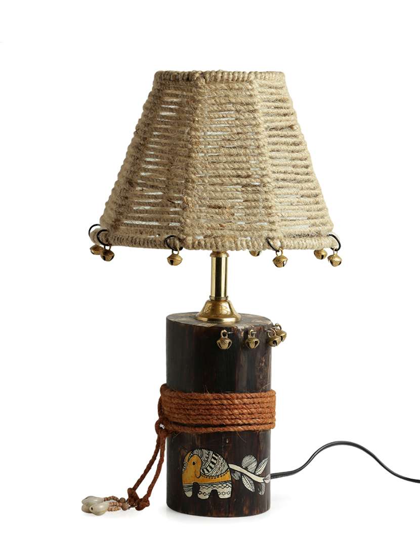 exclusivelane 'the jute-shade log' madhubani hand-painted table lamp in wood