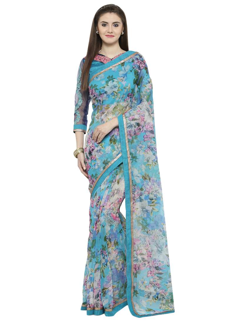 lace bordered floral printed saree  with blouse