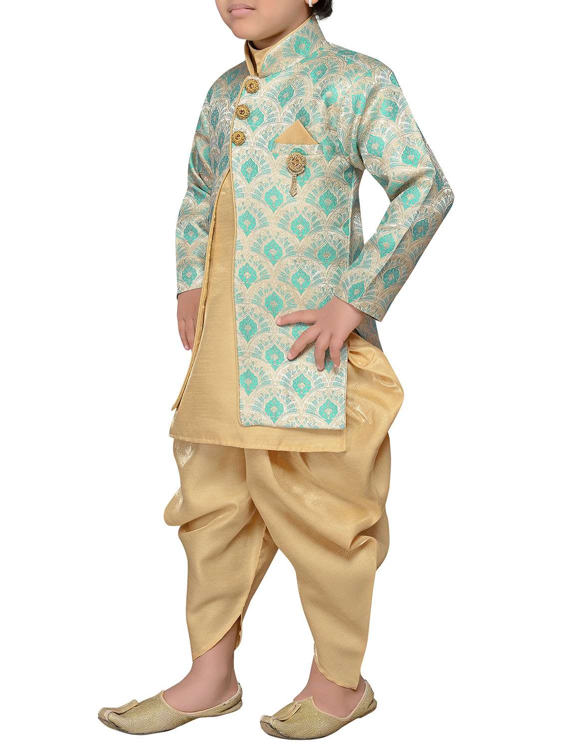 green silk blend sherwani set - 14808689 -  Standard Image - 1