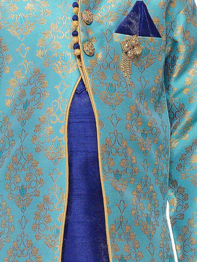 blue silk blend sherwani set - 14808698 - Standard Image - 4