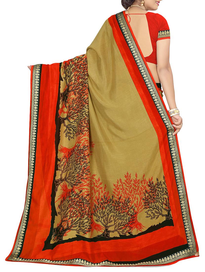 beige printed saree with blouse - 14809525 -  Standard Image - 1