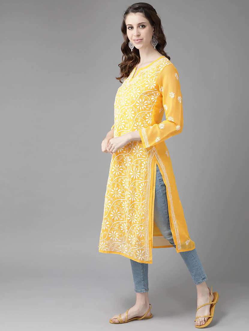 yellow long georgette women chikankari straight kurta - 14810663 -  Standard Image - 1