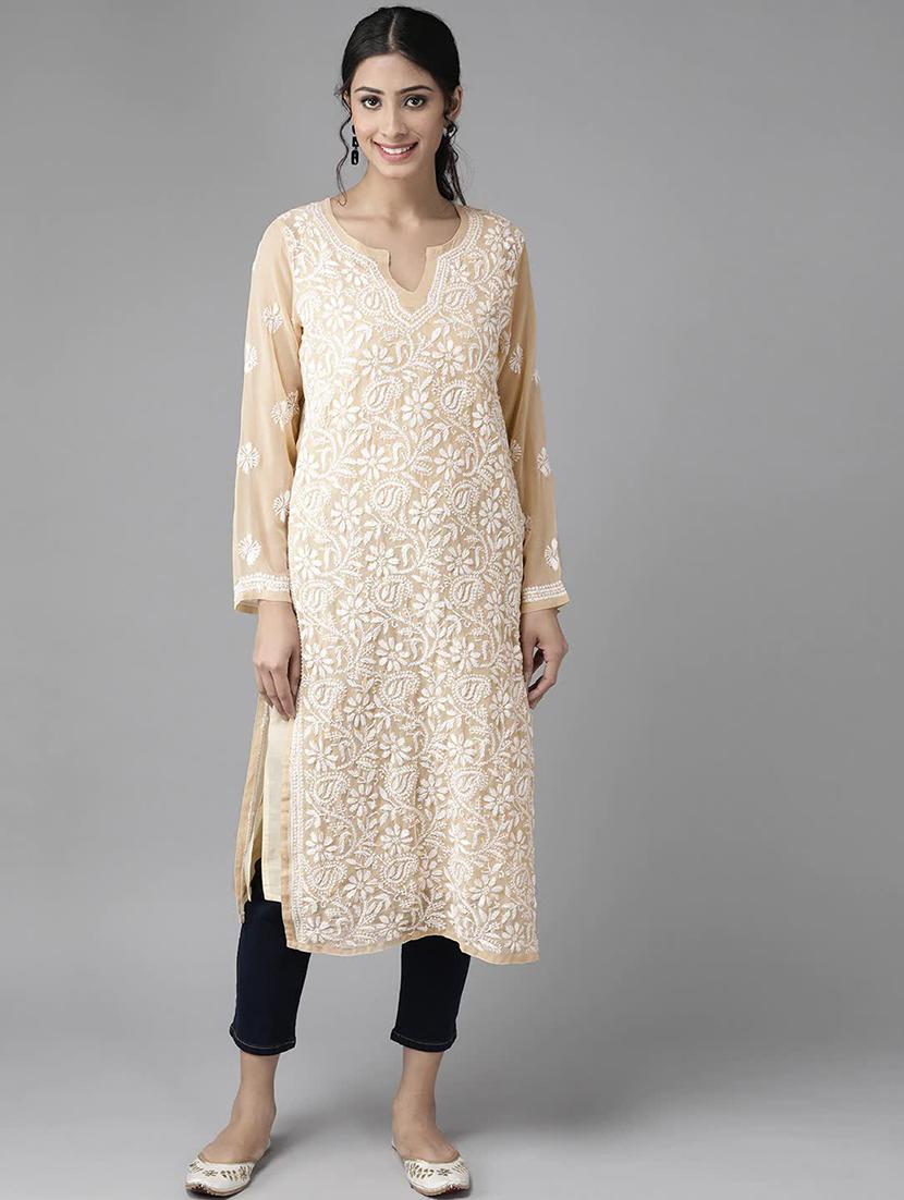 georgette long beige straight women chikankari kurta - 14810697 - Zoom Image - 0