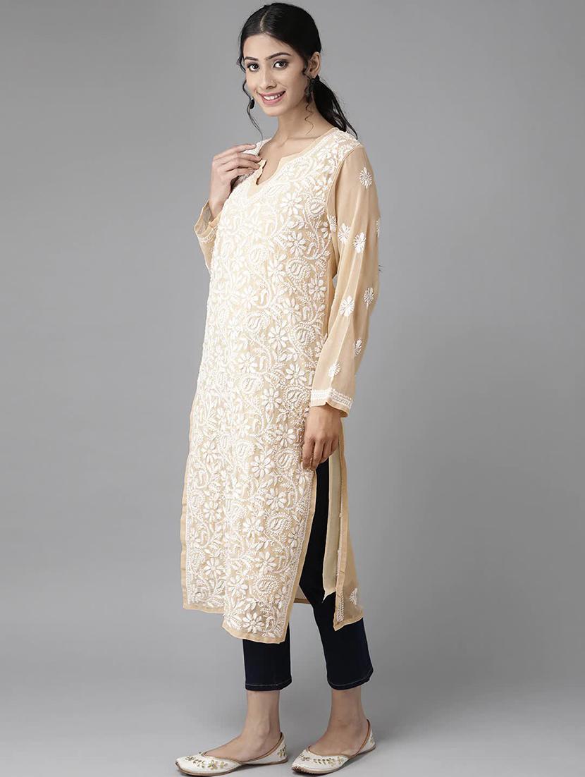 georgette long beige straight women chikankari kurta - 14810697 -  Standard Image - 1