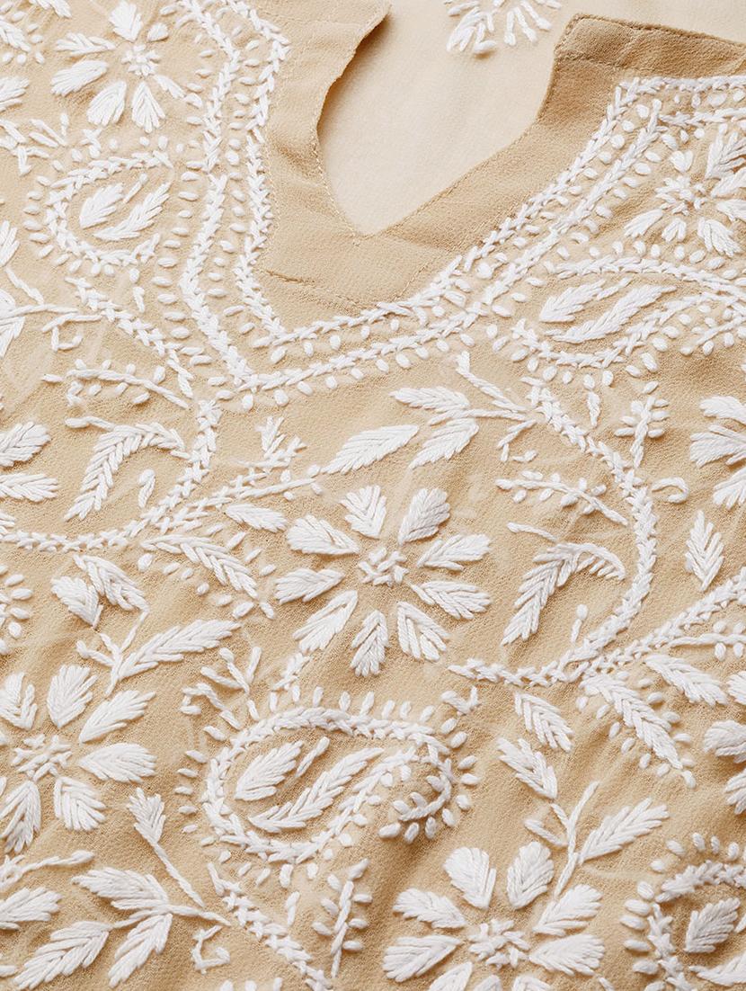 georgette long beige straight women chikankari kurta - 14810697 - Standard Image - 4