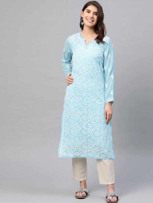 women georgette staight light blue chikankari long kurta - 14810700 - Standard Image - 0