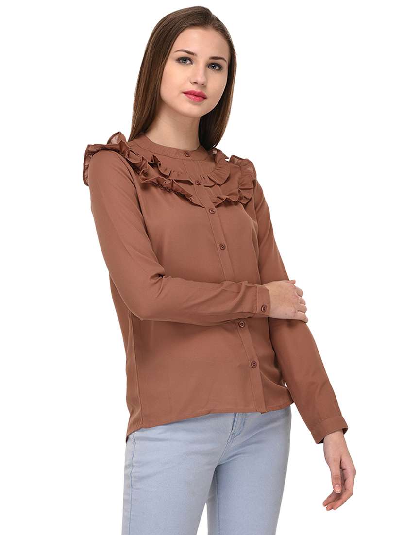 brown solid ruffled shirt - 14811698 - Standard Image - 1