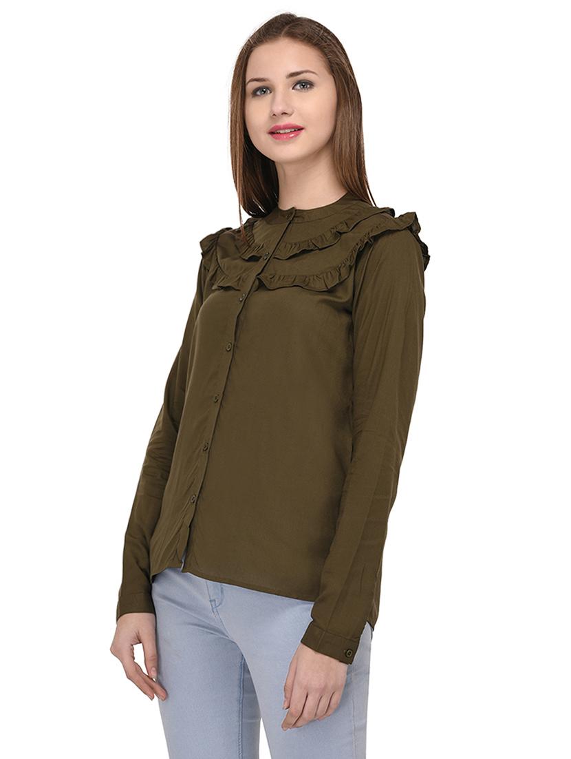 green rayon ruffled shirt - 14811699 -  Standard Image - 1