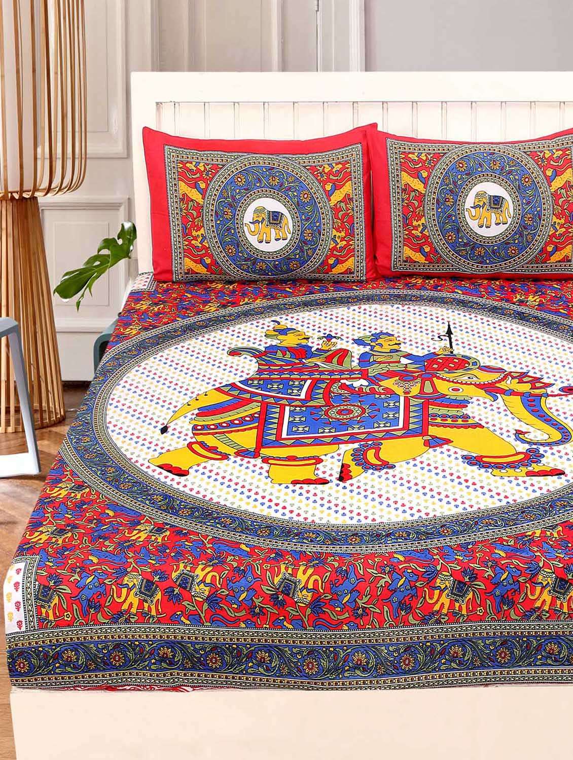 140 tc cotton jaipuri printed double bed sheet with 2 pillow cover - 14813405 -  Standard Image - 1