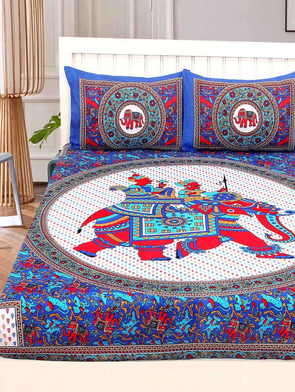 140 tc cotton jaipuri printed double bed sheet with 2 pillow cover - 14813406 -  Standard Image - 1
