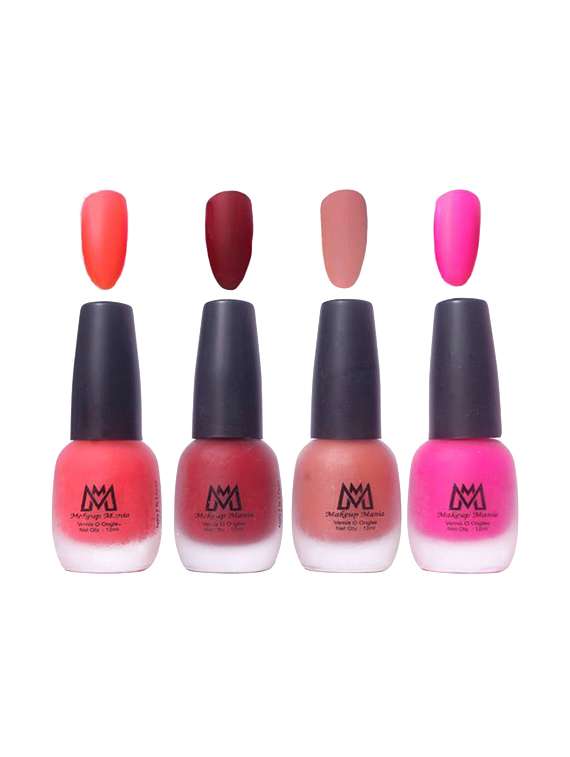 makeup mania nail polish, combo of 4 velvet matte nail paint - orange, red, brown, pink, 12 ml each bottle (mm#16)
