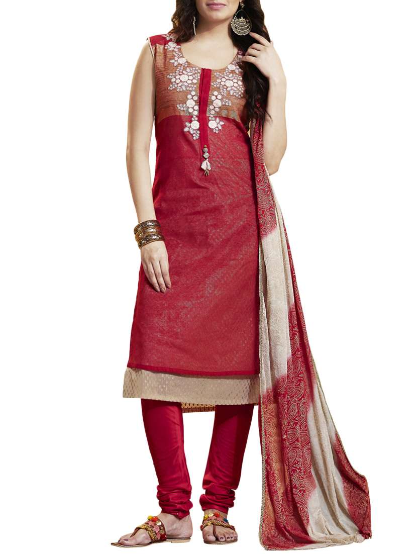 red chanderi stitched churidaar suit