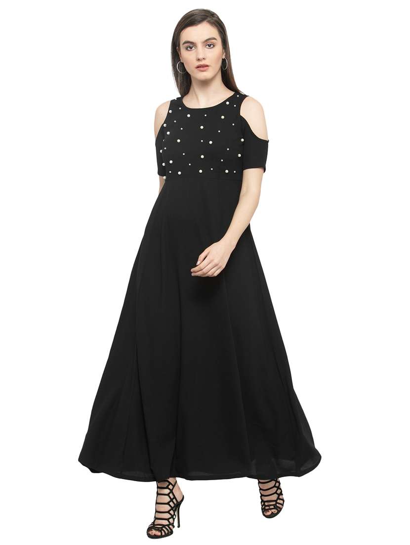 cold shoulder pearl embellished maxi dress