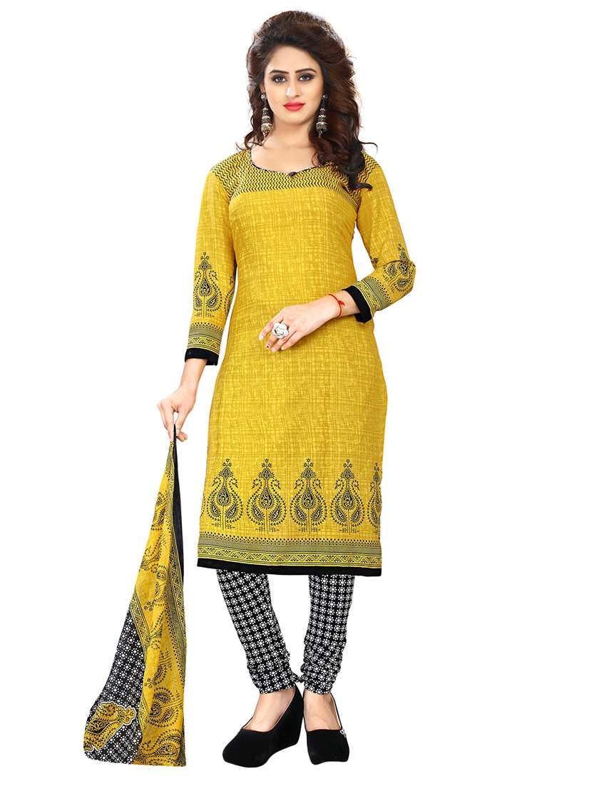 yellow crepe unstitched churidaar suit