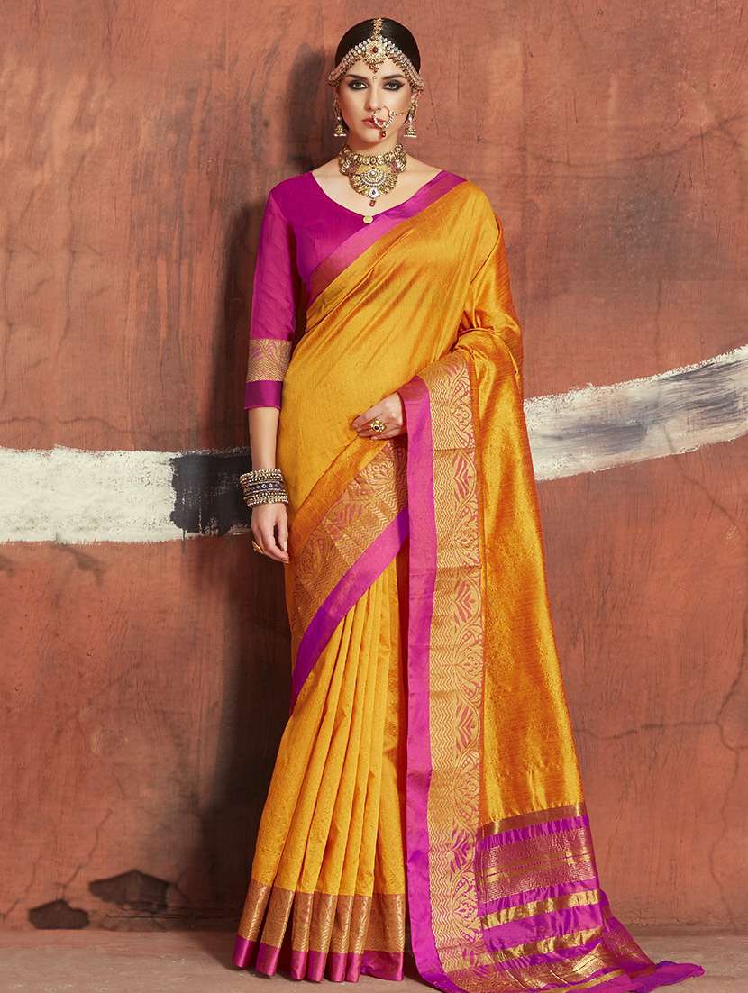 mustard cotton silk bordered saree with blouse